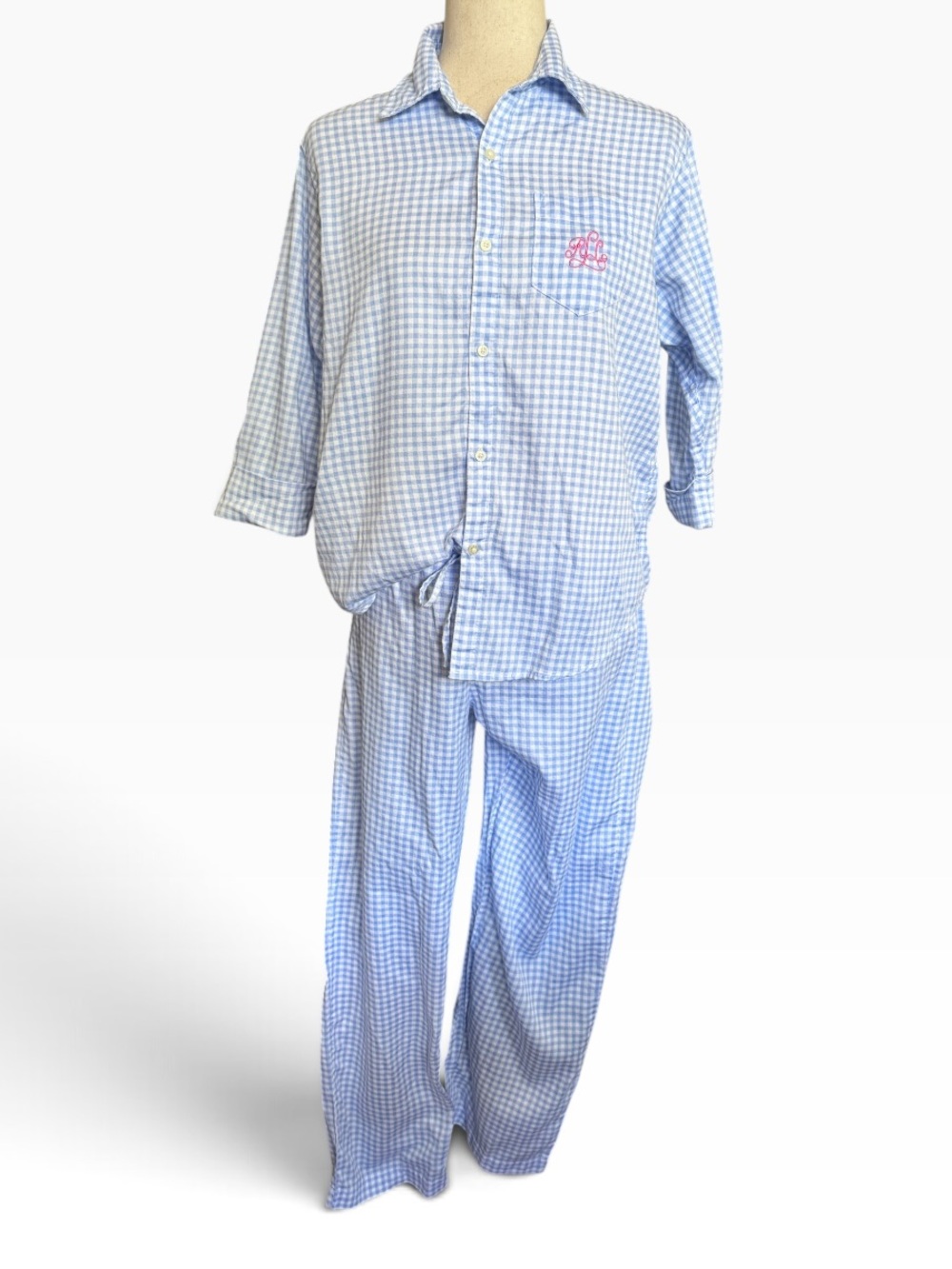 Ralph Lauren Light Blue Gingham Pajama Set with Pink Monogram